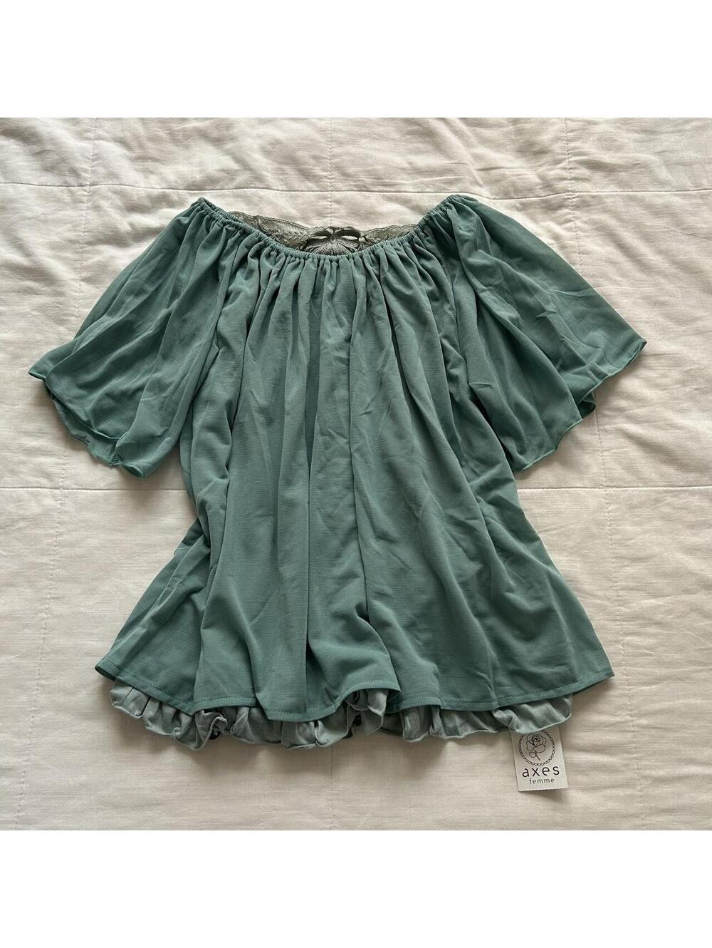 Axes Femme Teal Green Embroidered Flutter Sleeve Blouse M NWT Japan